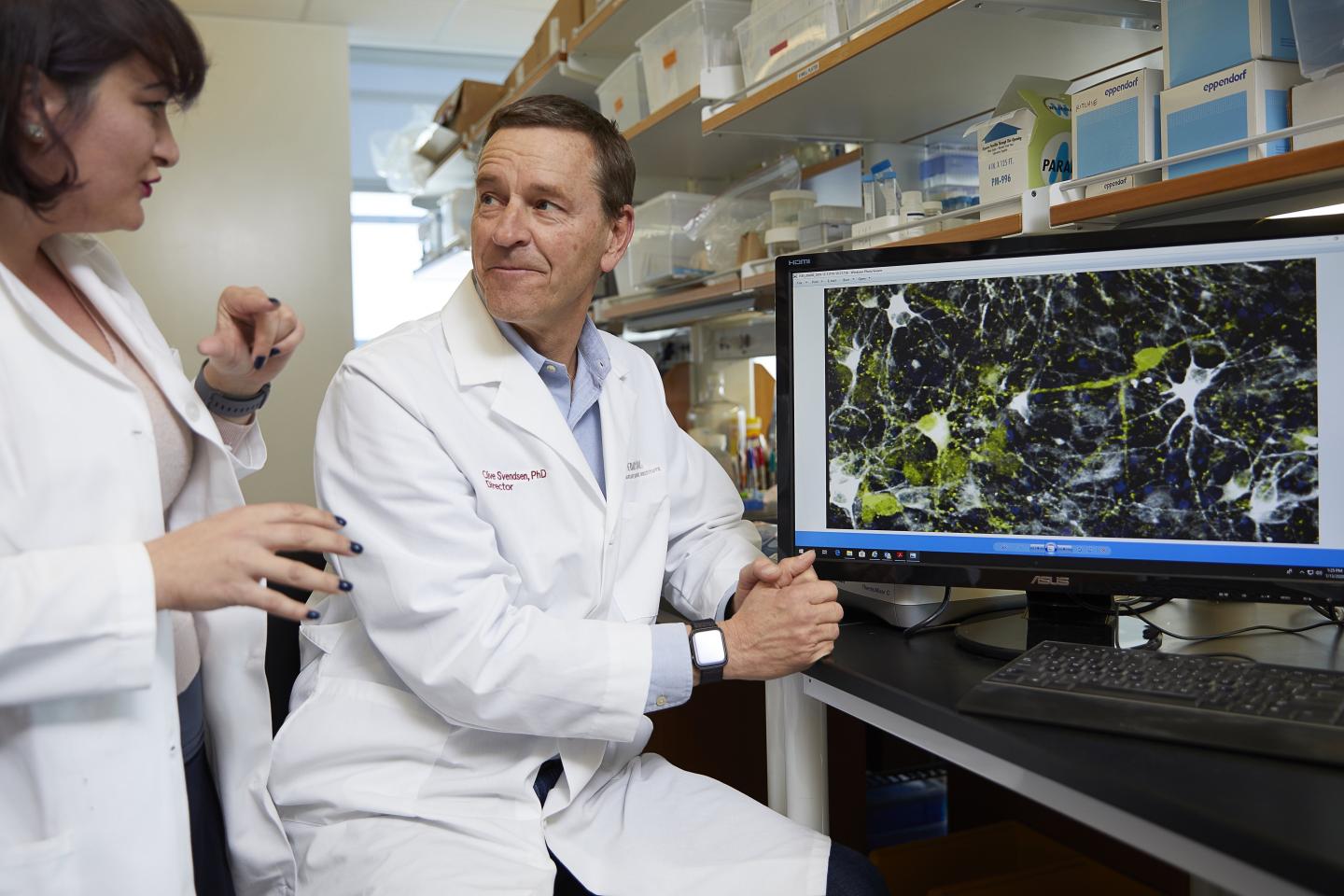 Clive Svendsen, PhD, director of the Cedars-Sinai Board of Governors Regenerative Medicine Institute, right, and Nur Yucer, PhD, a project scientist, discuss a microscope image of dopamine neurons